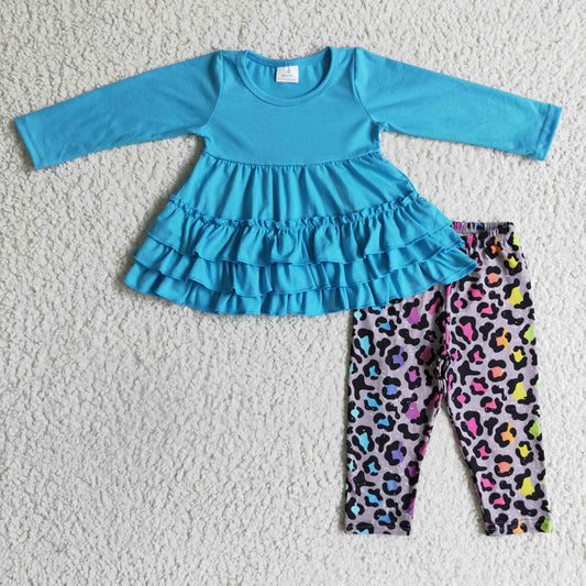 GLP0333 Blue Yellow Leopard Ruffles Tunic Girls Long Sleeve Pants Outfits