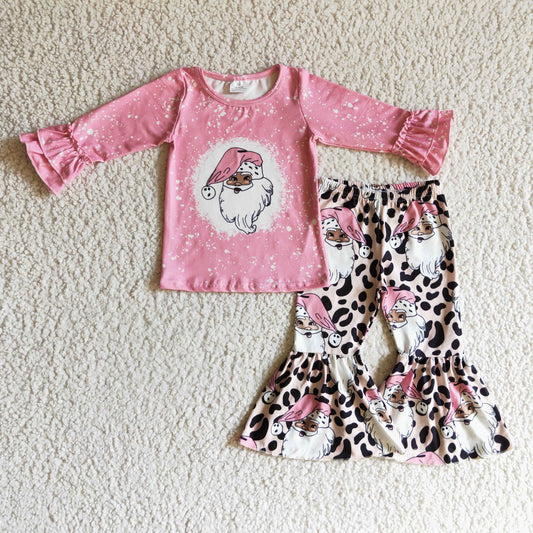 GLP0257 Christmas Leopard Pink Santa Girls Long Sleeve Bell Bottom Pants Outfits