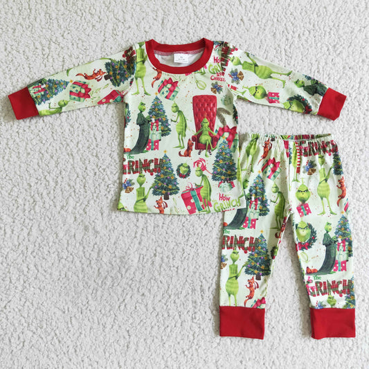 BLP0052 Christmas Gift Green Cartoon Boys Long Sleeve Pajamas