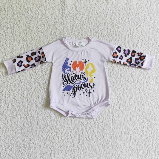 LR0062 Halloween Purple Leopard Witch Cartoon Girls Long Sleeve Romper