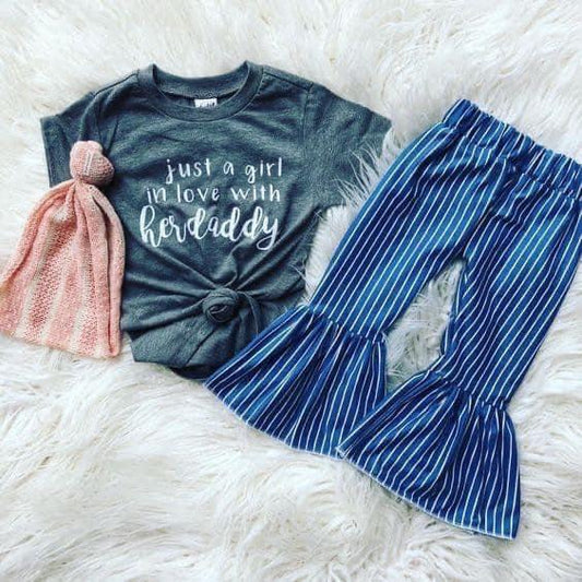 Clearance B8-3 Just A Girl In Love With Her Daddy Blue Stripes Girls Short Sleeve Bell Bottom Pants Outfits