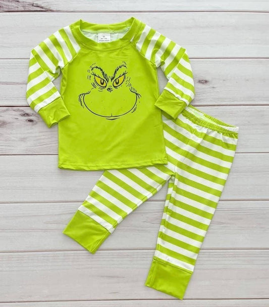 6 B7-2 Christmas Green Cartoon Striped Print Boys Long Sleeve Pajamas