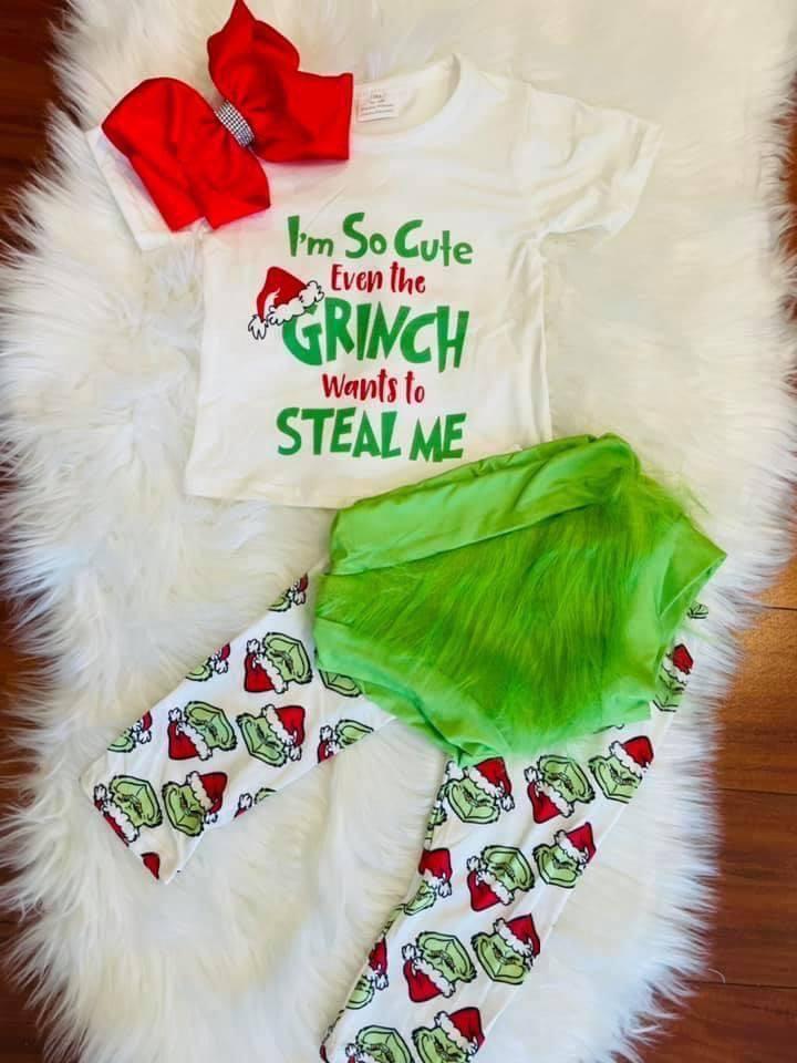 GSPO0100 D4-1 A3-14 D4-2 Christmas Green Cartoon 3pcs Bummies Girls Short Sleeve Pants Outfits