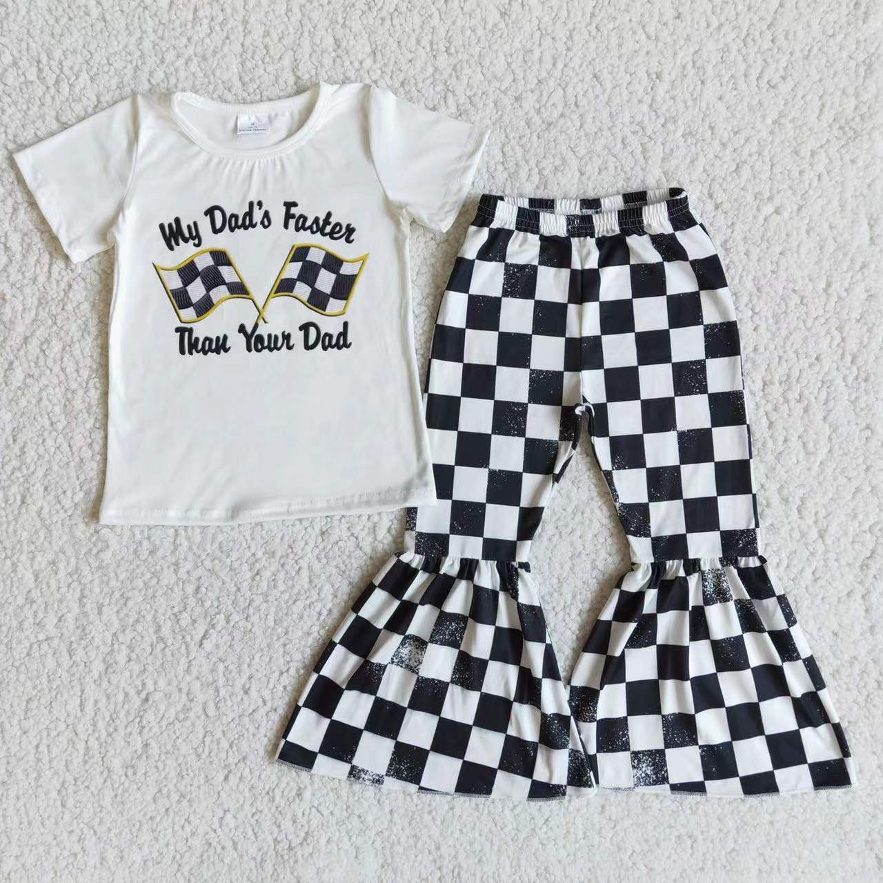 E8-29 My Dad Is Faster Than Your Dad Racing Car Black Plaid Girls Short Sleeve Bell Bottom Pants Outfits