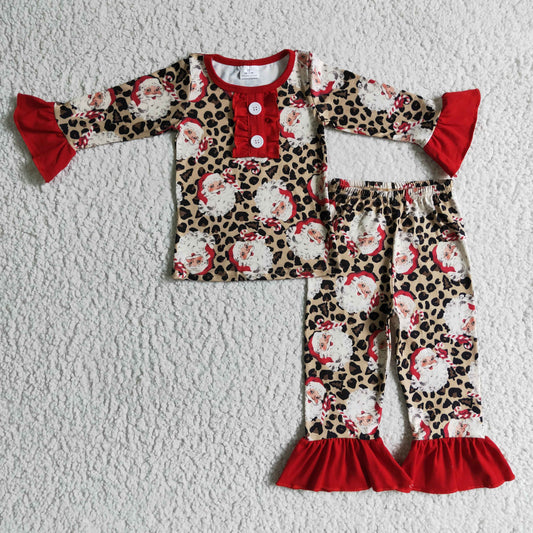 GLP0218 Christmas Red Santa Leopard Girls Long Sleeve Pants Outfits Pajamas
