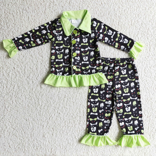 GLP0097 Christmas Green Cartoon Black Collar Girls Long Sleeve Pants Outfits Pajamas