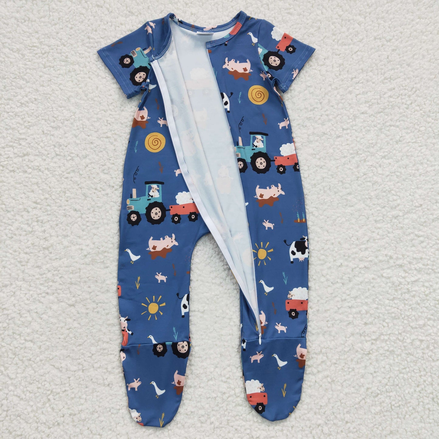 promotion RTS SR0195 Blue Pig Sheep Cow Farm Life Truck Cartoon Zipper Girls Long Sleeve Romper