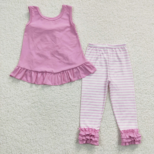 GSPO0507 Pink Stripes Bow Girls Short Sleeve Bell Bottom Pants Outfits