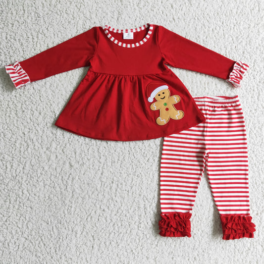 GLP0296 Christmas Red Stripes Gingerbread Embroidery Tunic Girls Long Sleeve Pants Outfits