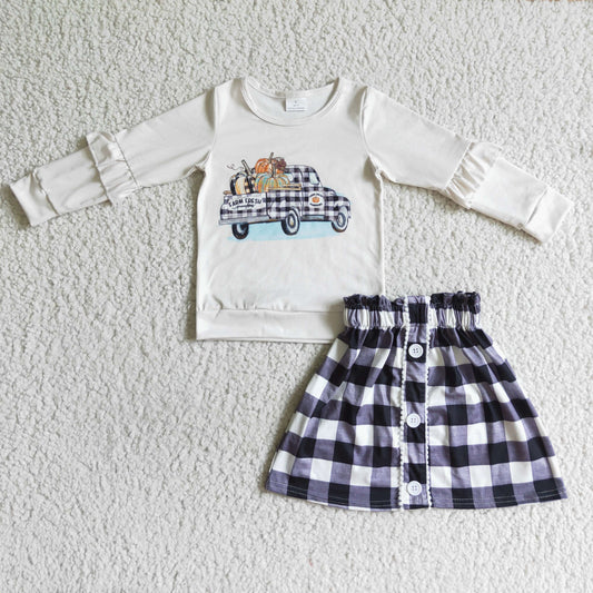 promotion RTS GLD0070 Halloween Pumpkin Car Truck Black Plaid Girls Long Sleeve With Skirt Dress Outfits