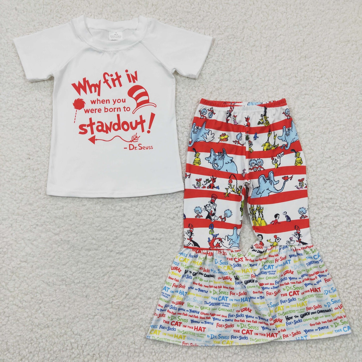 promotion RTS C1-9 CAT Red Cartoon Dr Girls Short Sleeve Bell Bottom Pants Outfits