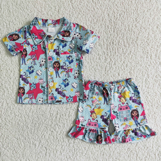 promotion RTS GSSO0014 Blue Cartoon Collar Girls Short Sleeve Pajamas