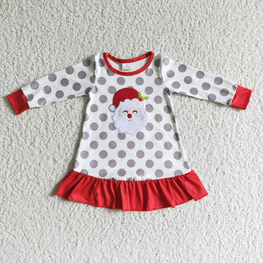 6 A13-14 Christmas Santa Red Grey Dots Embroidery Girls Long Sleeve Dresses