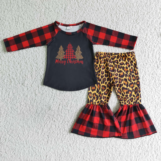 6 B12-38 Merry Christmas Tree Leopard Red Black Plaid Girls Long Sleeve Bell Bottom Pants Outfits