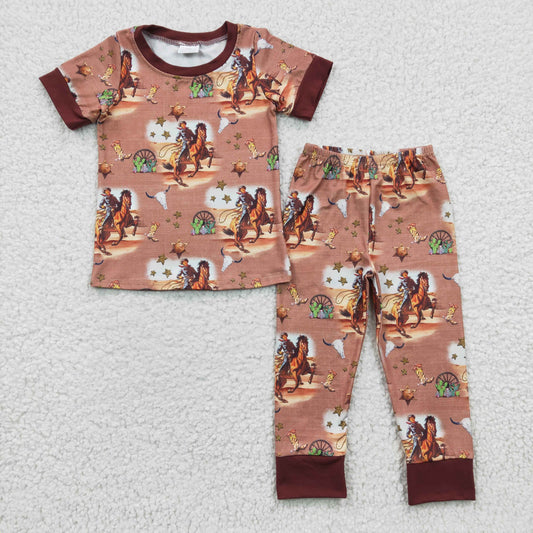 promotion RTS BSPO0061 Brown Rodeo Cowboy Cactus Western Boys Short Sleeve Pants Outfits Pajamas