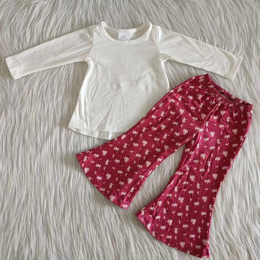 promotion Clearance 6 A12-26 White Cotton Top Match Floral Pants Kids Set