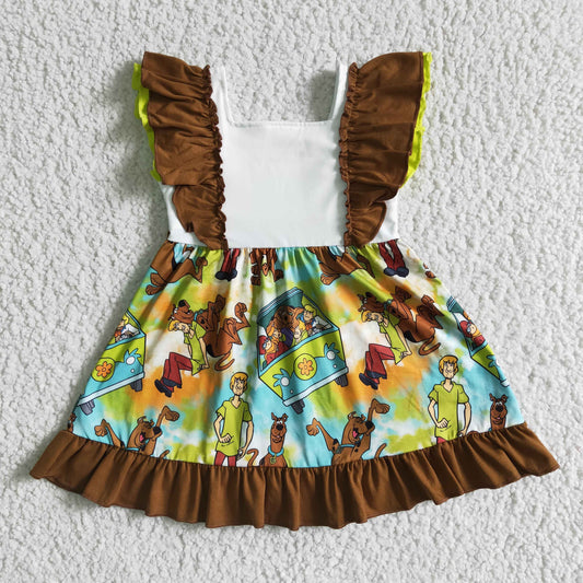 Clearance GSD0001 Green Brown Cartoon Dog Car Girls Flutter Sleeve Dresses