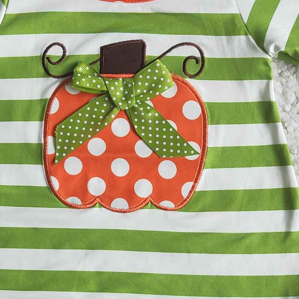 6 A10-26 Halloween Pumpkin Orange Green Stripes Embroidery Girls Long Sleeve Romper