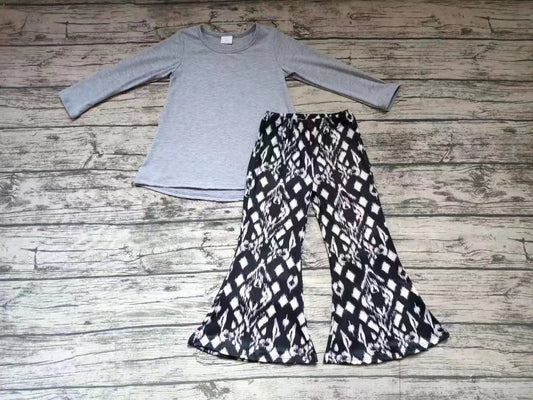 Grey Cotton Top Match Floral Pants Kids Set