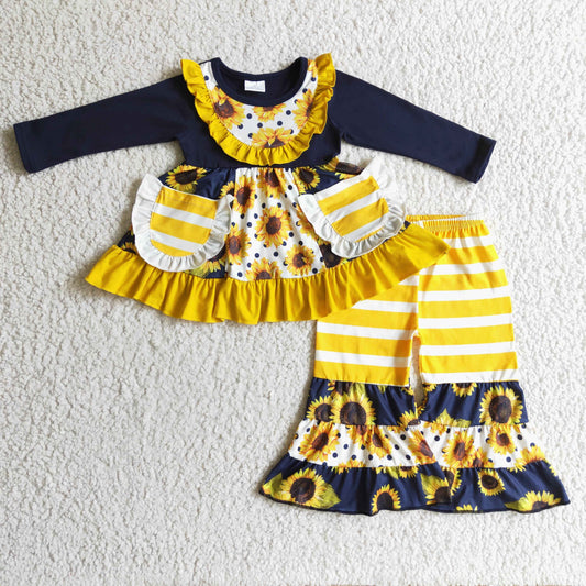 Clearance 6 A22-28 Sunflower Yellow Black Stripes Pocket Ruffles Girls Long Sleeve Bell Bottom Pants Outfits