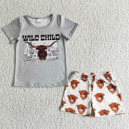 promotion BSSO0004 Wild Child Highland Cows Heifer Grey Boys Short Sleeve Shorts Outfits