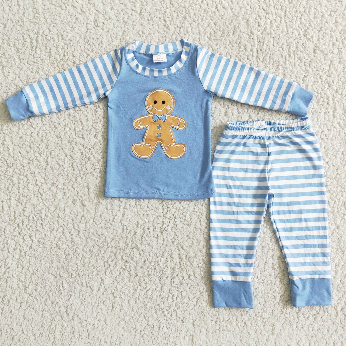 Clearance 6 B8-23 Christmas Blue Stripes Gingerbread Cartoon Embroidery Boys Long Sleeve Pants Outfits Pajamas