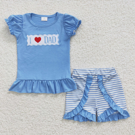 GSSO0187 Blue Plaid I Love Dad Embroidery Girls Short Sleeve Shorts Outfits