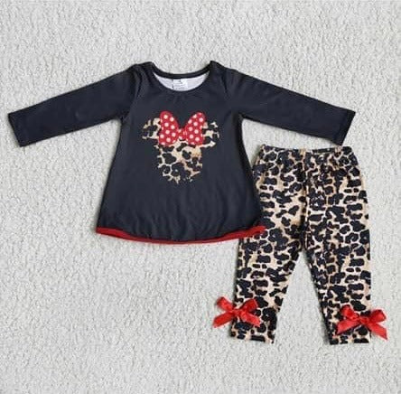 Clearance 6 A15-17 Black Red Leopard Mouse Cartoon Tunic Girls Long Sleeve Pants Outfits