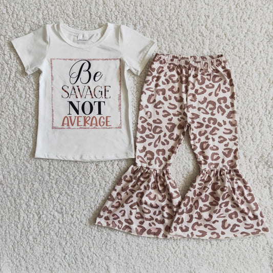 Clearance D8-16 Be Savage Not Average Leopard Pink Girls Short Sleeve Bell Bottom Pants Outfits