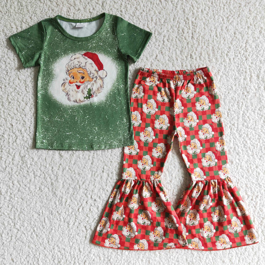 promotion RTS GSPO0182 Christmas Red Green Santa Girls Short Sleeve Bell Bottom Pants Outfits