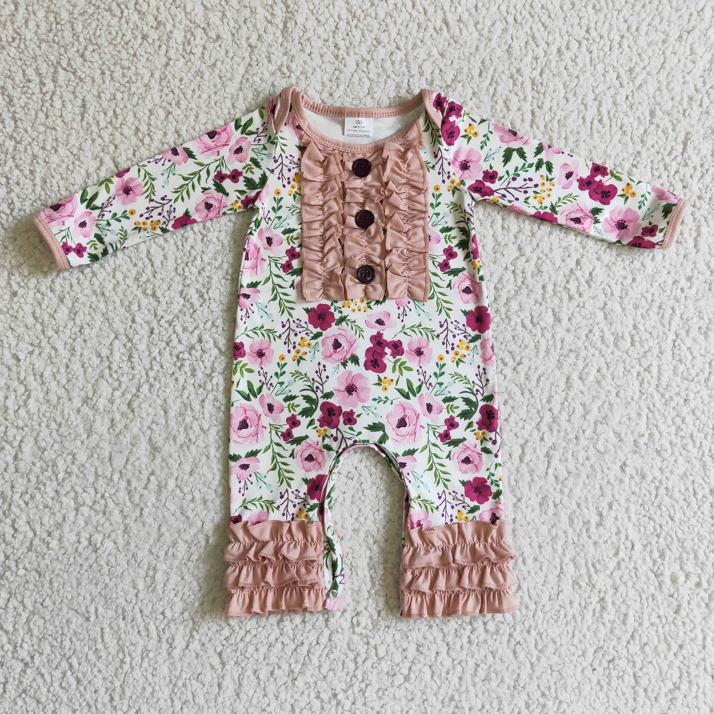 Clearance 6 A22-3 Pink Floral Print Ruffles Girls Long Sleeve Romper