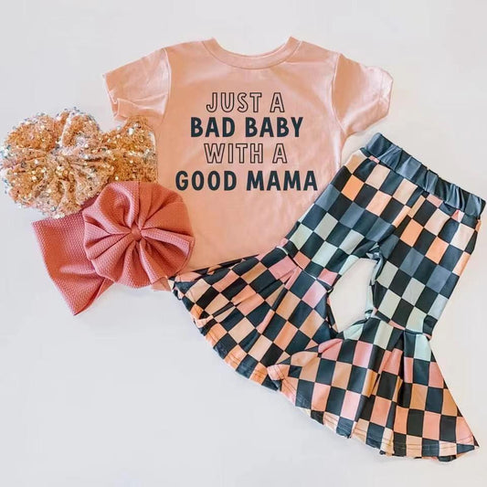 promotion RTS E8-28 Pink Just A Bad Baby With A Good Mama With Bow Headband 3pcs Girls Short Sleeve Bell Bottom Pants Outfits