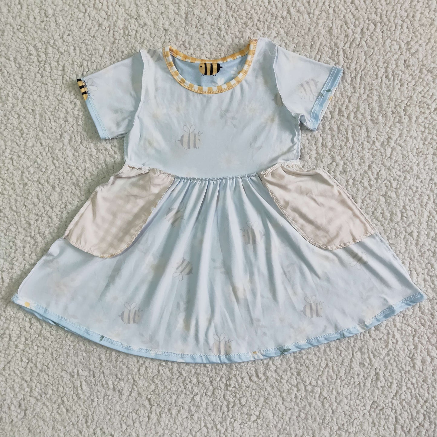 promotion RTS GSD0021 Bee Floral Blue Yellow Print Girls Short Sleeve Dresses