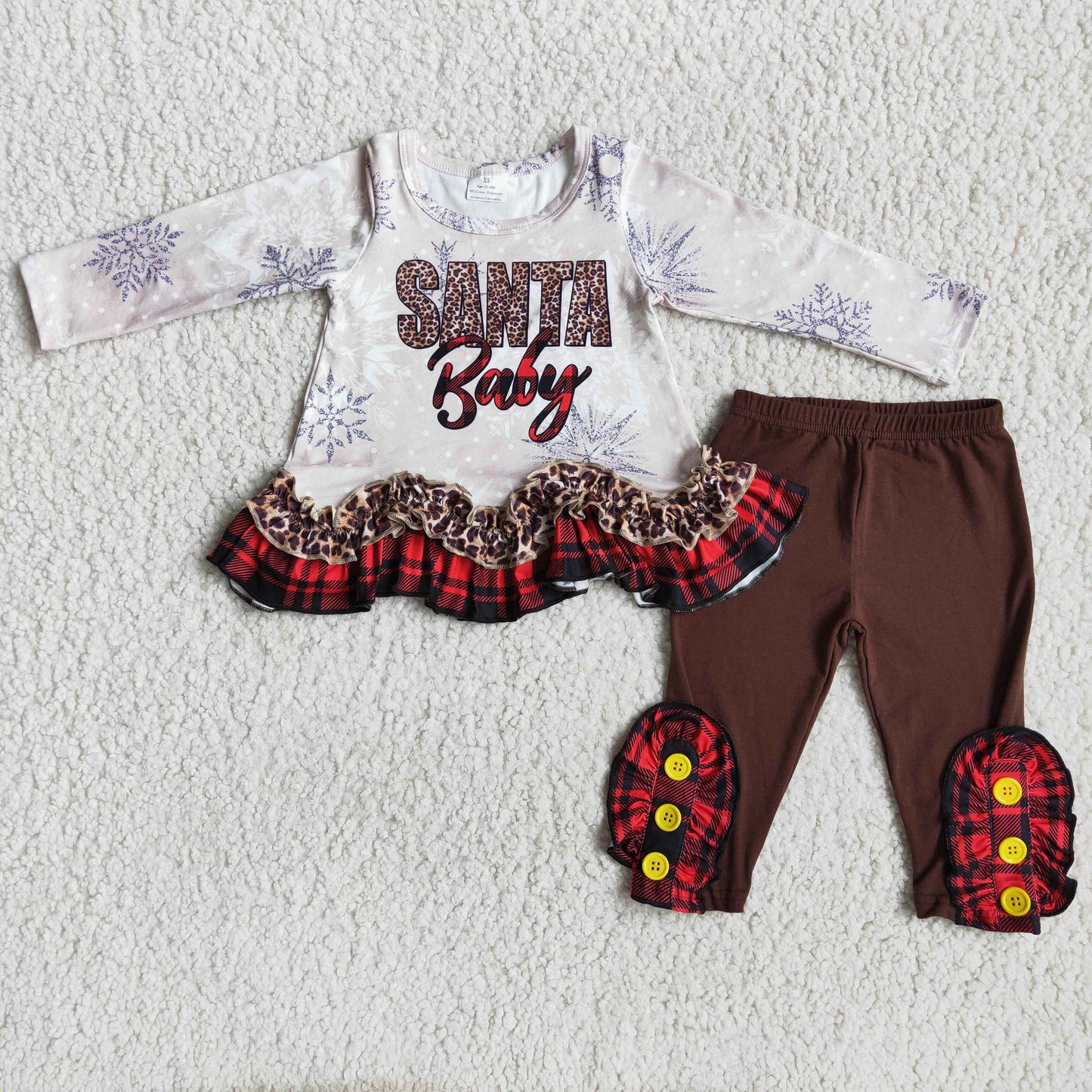 Clearance 6 A18-5 Christmas Santa Baby Red Leopard Girls Long Sleeve Pants Outfits