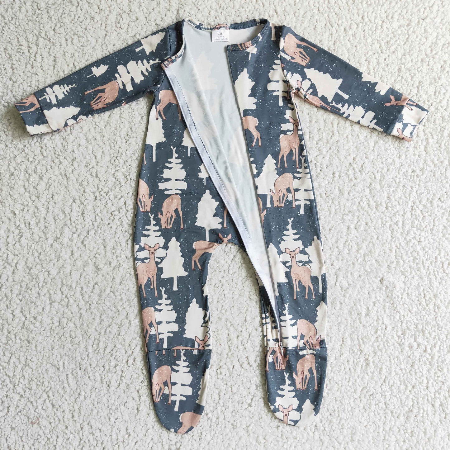 LR0222 Christmas Green Tree Deer Zipper Girls Long Sleeve Romper