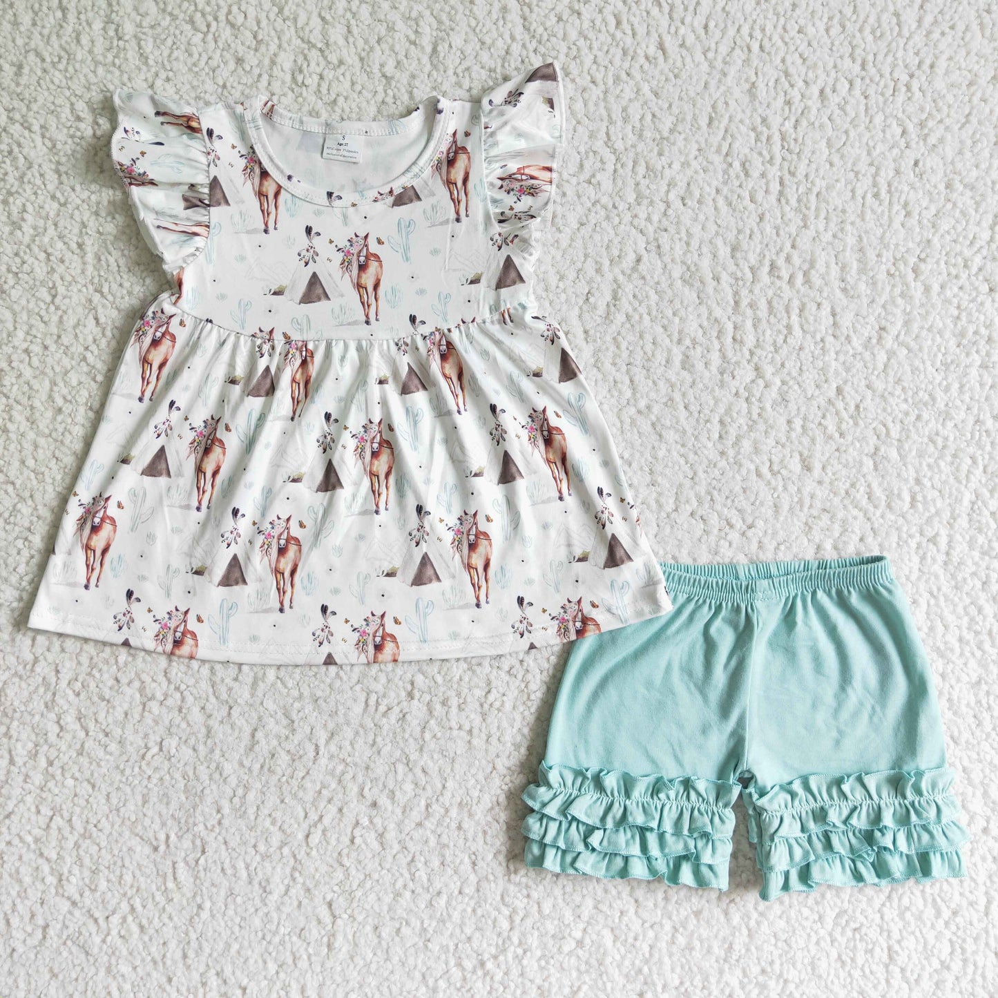 GSSO0111 Green Floral Horses Girls Flutter Sleeve Shorts Outfits