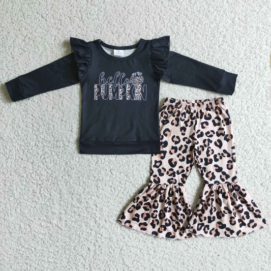 Clearance GLP0056 Halloween Pumpkin Black Leopard Girls Long Sleeve Bell Bottom Pants Outfits