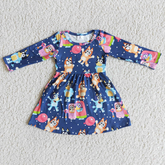 6 A14-4 Blue Pink Dog Cartoon Girls Long Sleeve Dresses