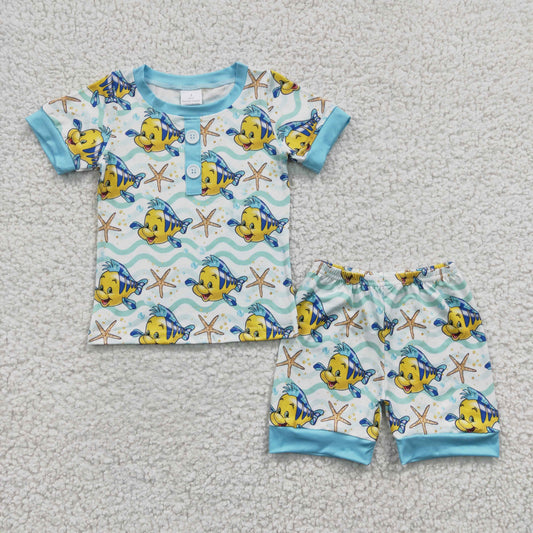 BSSO0114 Blue Yellow Fish Cartoon Boys Short Sleeve Shorts Outfits