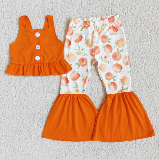 Clearance D8-18-1 Orange Peach Girls Sleeveless Bell Bottom Pants Outfits
