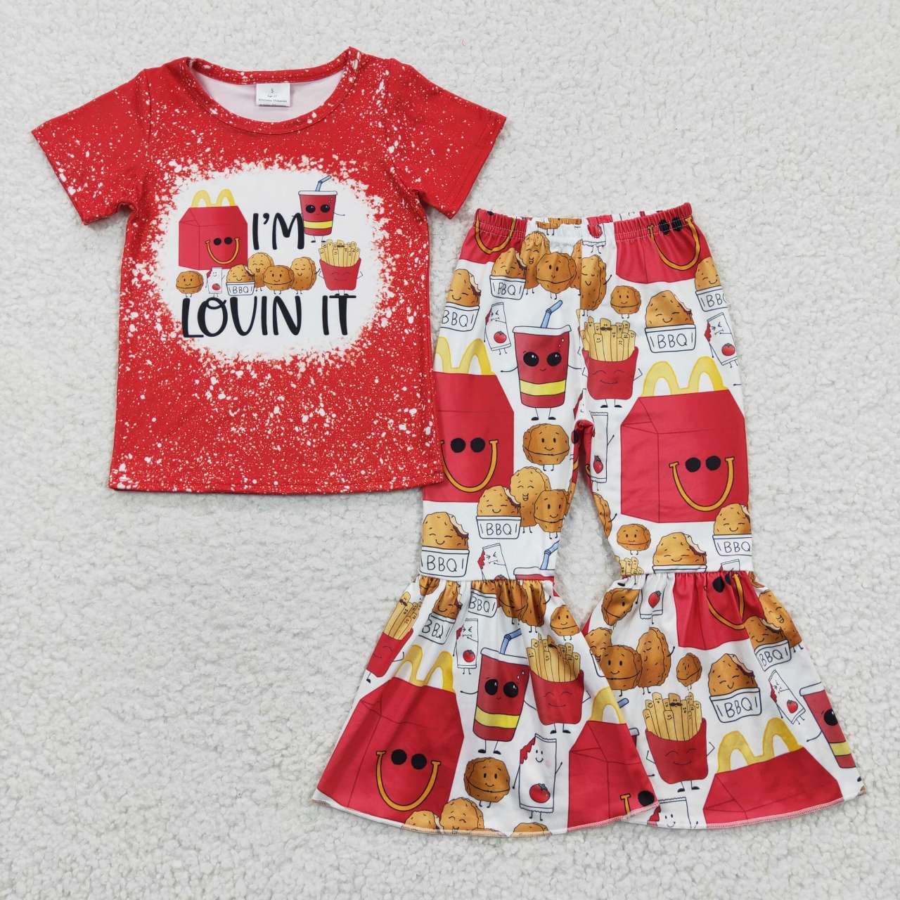 GSPO0549 Red I'm Lovin It BBQ Hambueger Food Girls Short Sleeve Bell Bottom Pants Outfits