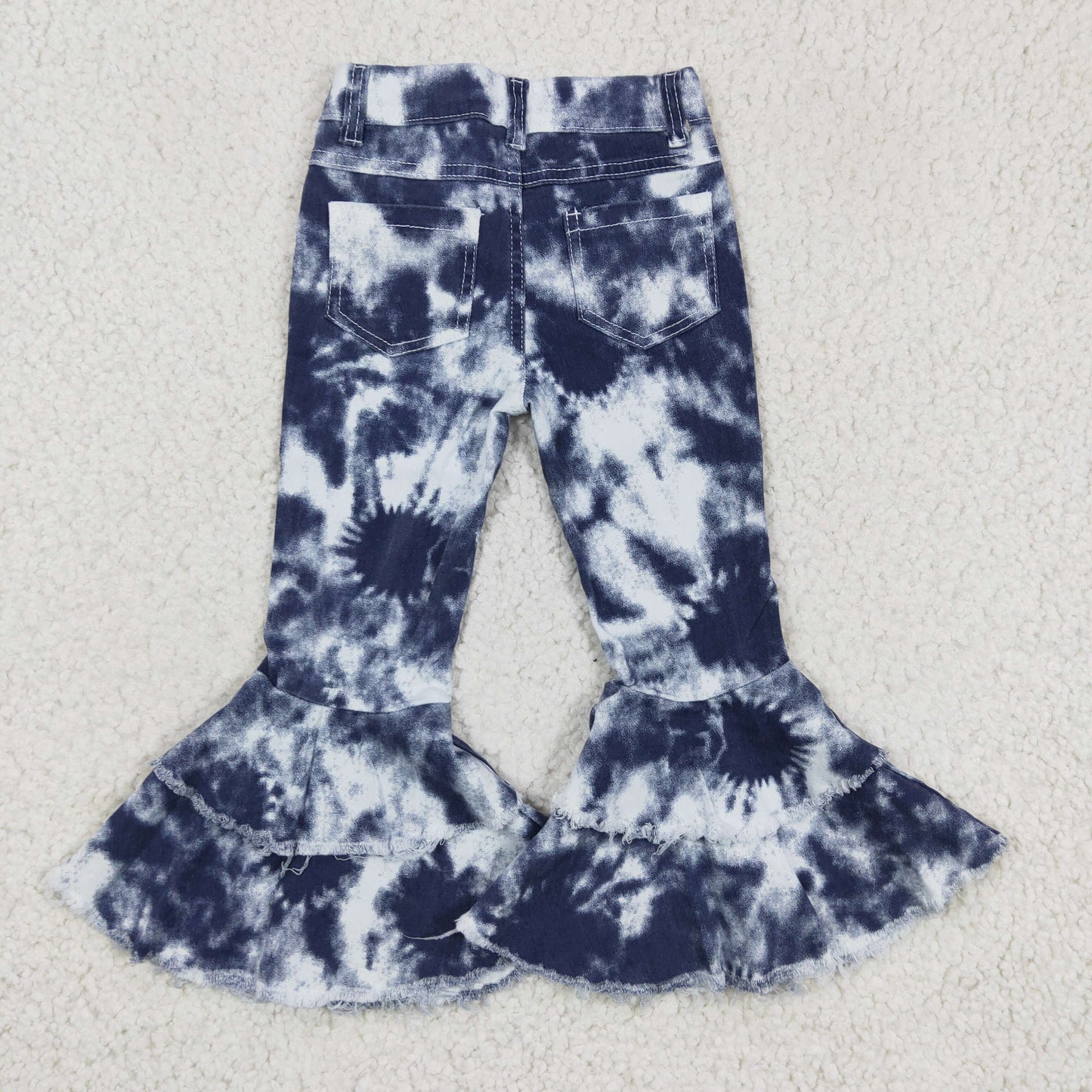 P0035 Blue Tie Dye Double Ruffles Denim Jeans