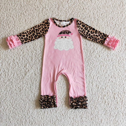 6 A25-9 Pink Christmas Santa Leopard Girls Long Sleeve Romper