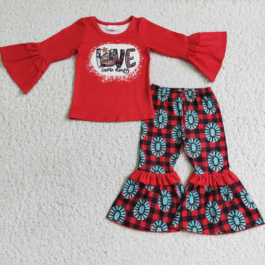Clearance 6 A7-28 Love Christmas Jesus Red Plaid Girls Long Sleeve Bell Bottom Pants Outfits