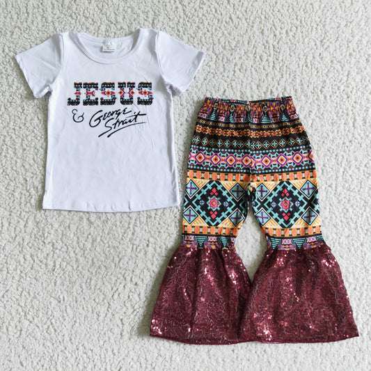 promotion RTS A3-9 Christmas Jesus Aztec Red Sequin Girls Short Sleeve Bell Bottom Pants Outfits