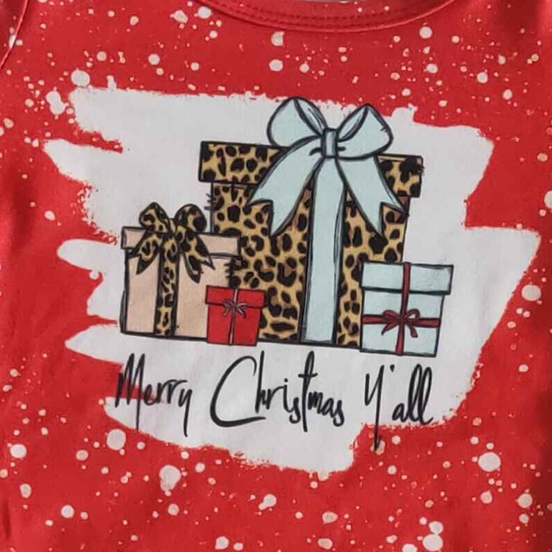 Clearance 6 A26-12 Merry Christmas Gift Red Bleach Leopard Girls Long Sleeve Bell Bottom Pants Outfits