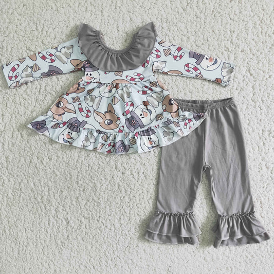 Clearance B5-20 Christmas Snowman & Deer Grey Print With Bow Tunic Girls Long Sleeve Pants Outfits