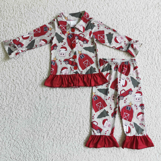 GLP0349 Christmas Red Green Santa Cow Car House Tree Collar Pajamas Girls Long Sleeve Pants Outfits