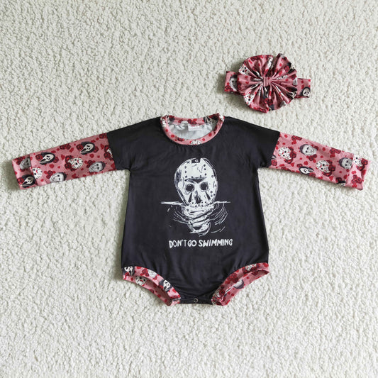 LR0124 Halloween Pink Floral Ghost Cartoon Headband Bow 3pcs Girls Long Sleeve Romper