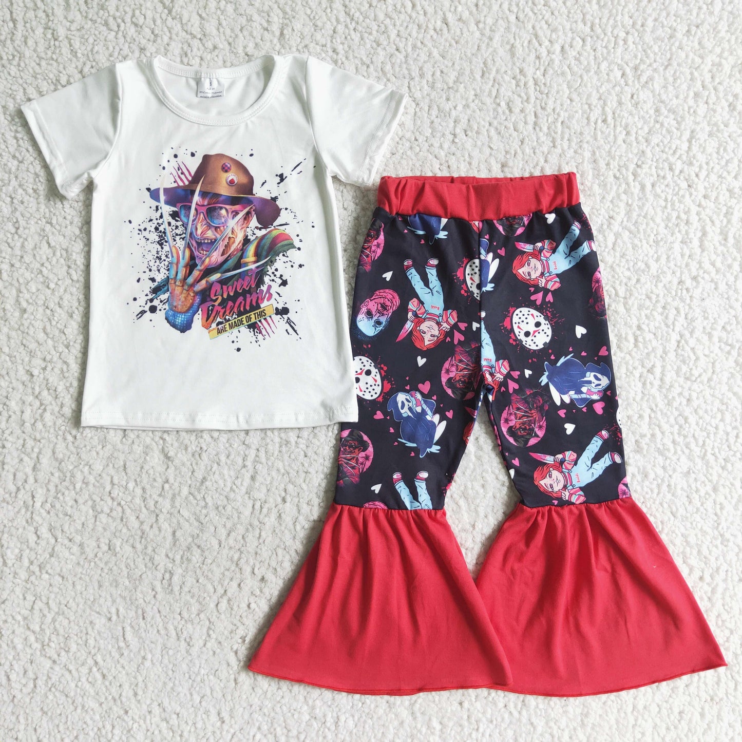 GSPO0127 Halloween Red Ghost Music Band Cartoon With Bow 3Pcs Headband Girls Short Sleeve Bell Bottom Pants Outfits